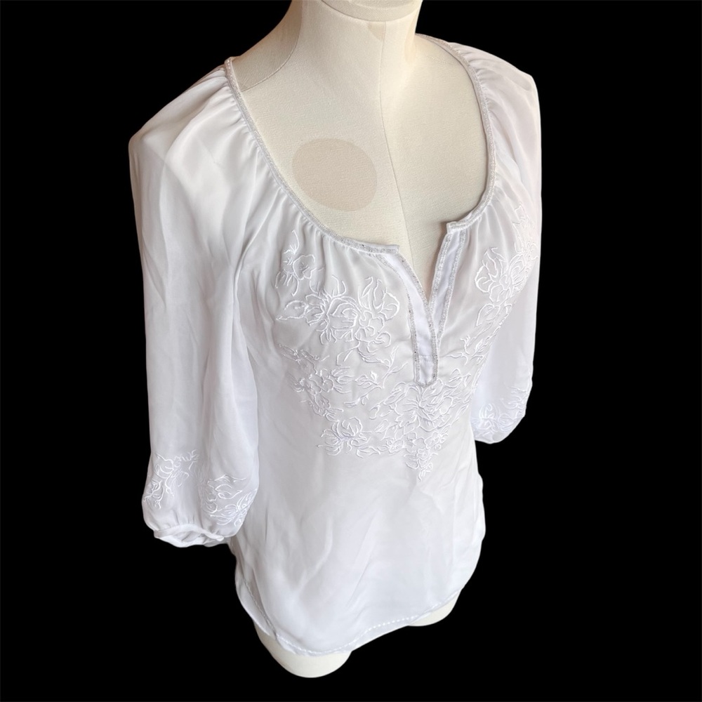 White House Black Market Semi Sheer Embroidered Beaded Blouse XS